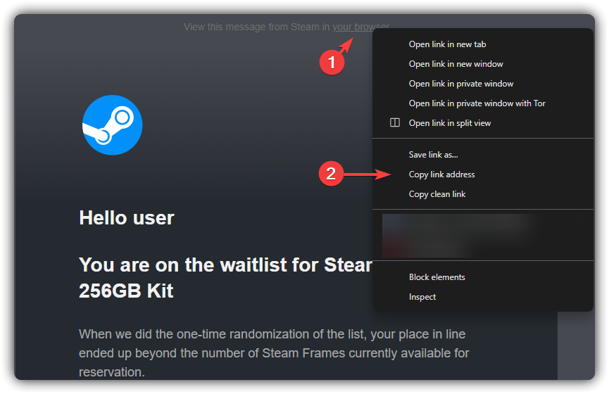The Steam email link to copy